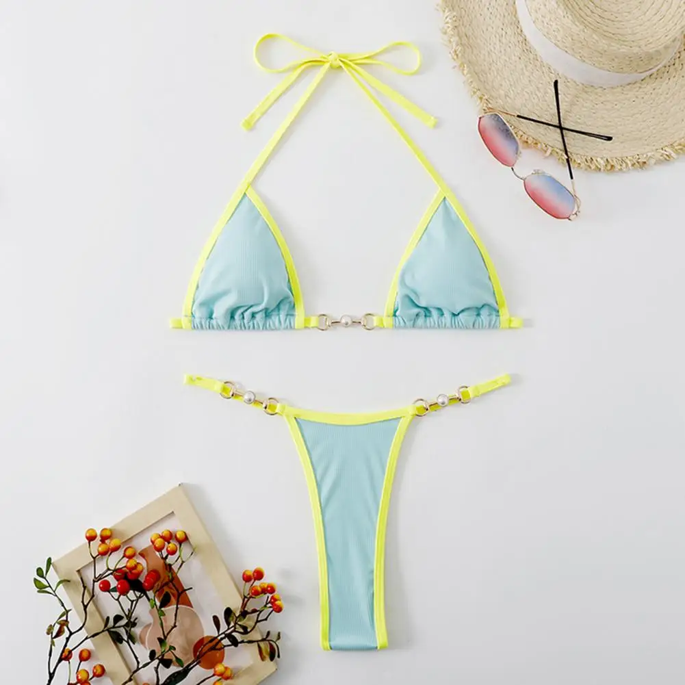 Set Bikini Wanita Warna Kontras Halter Leher Tiga Titik Mutiara V Dalam Leher Pakaian Renang Wanita Thong Mikro Bikini