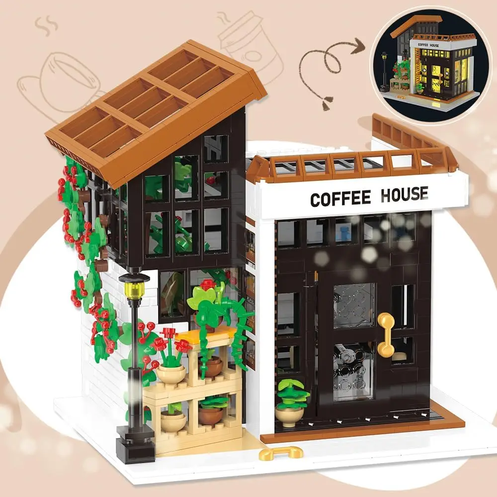 Creative Cafe Building Block Set Exquisite Flower House Wilderness Campsite Tent Luminous Building Block Children's Toy Gift