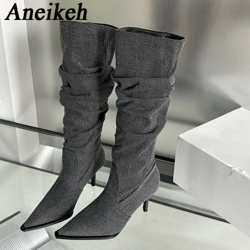 

Aneikeh Autumn Winter Knee High Boots Solid Denim Women Sewing Pleated Shoes Rome Leisure Pointed Toe Thin Heels Elegant Slip-On