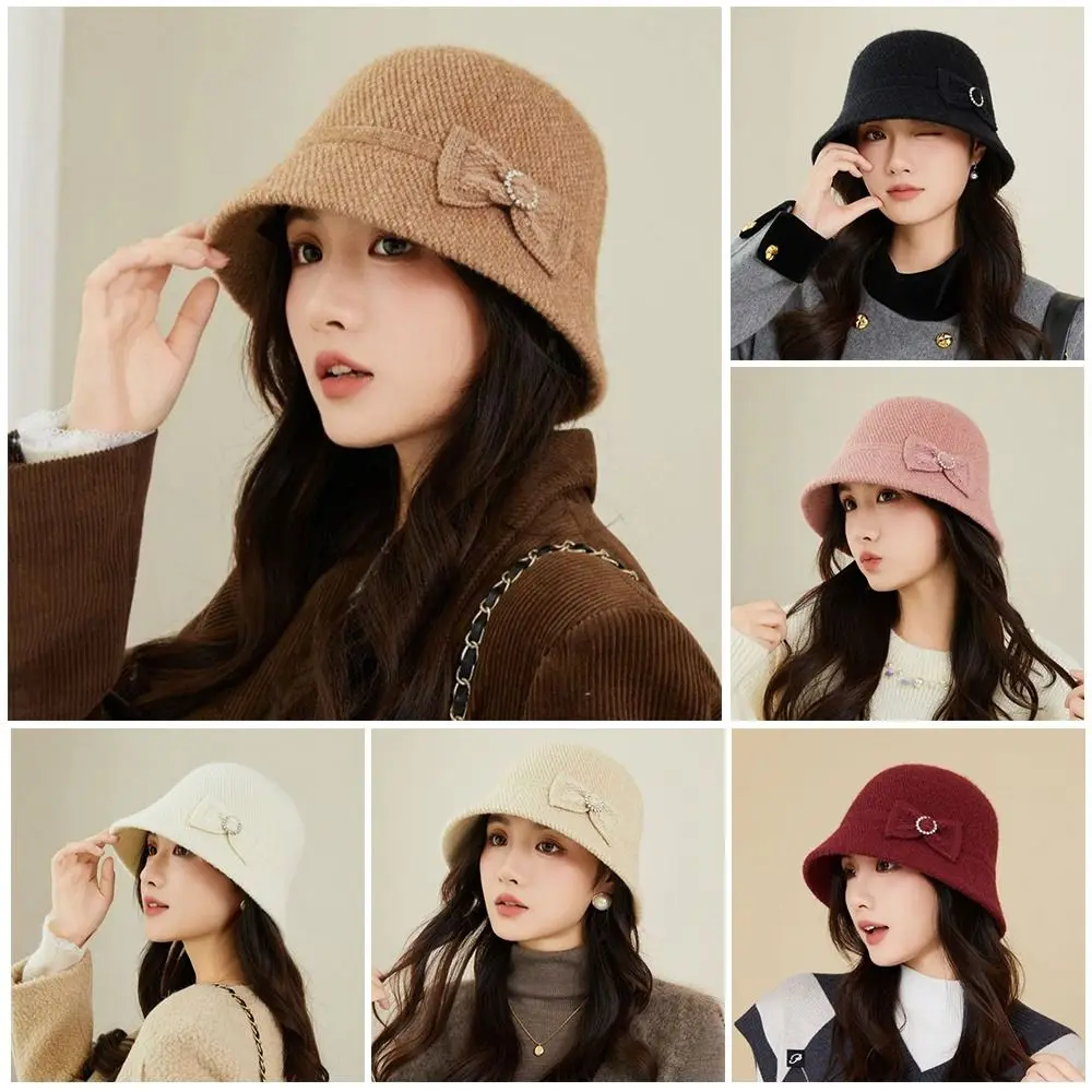 

Winter Warm Bow Fisherman Hat Thickened Solid Color Bucket Hat Windproof Foldable Basin Caps
