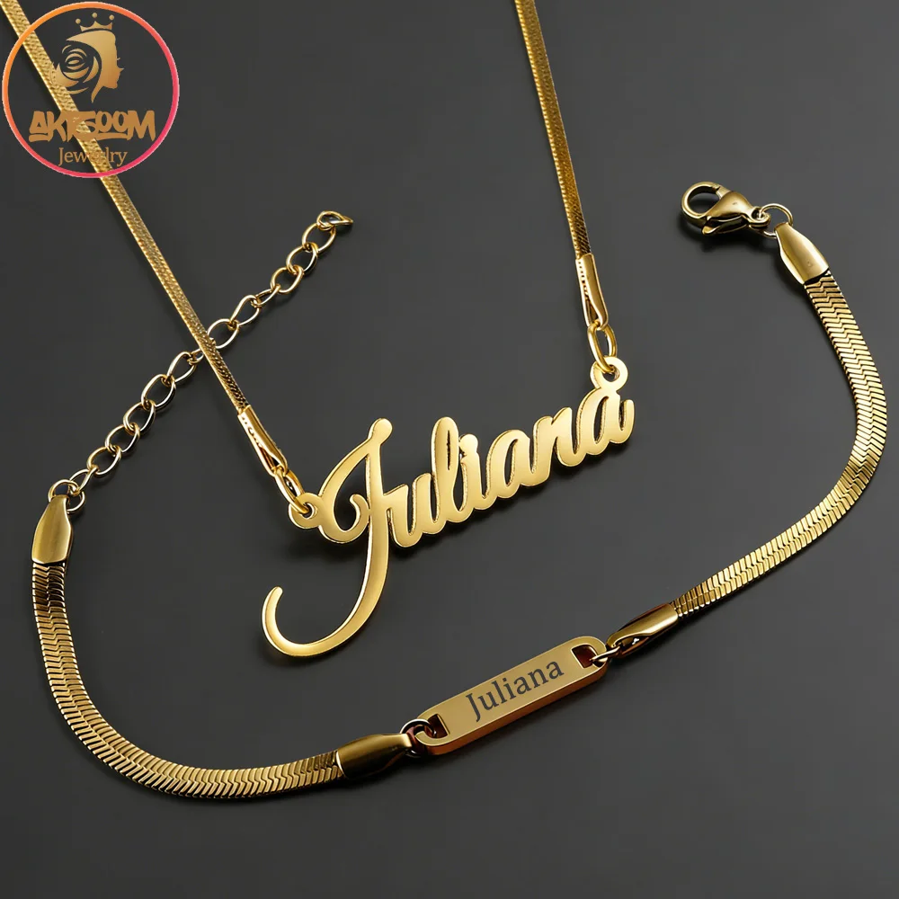 

Personalized Name 4mm Blade Chain Necklace Bracelet Stainless Steel Jewelry Set Custom Engrave Name for Women Man Birthday Gift