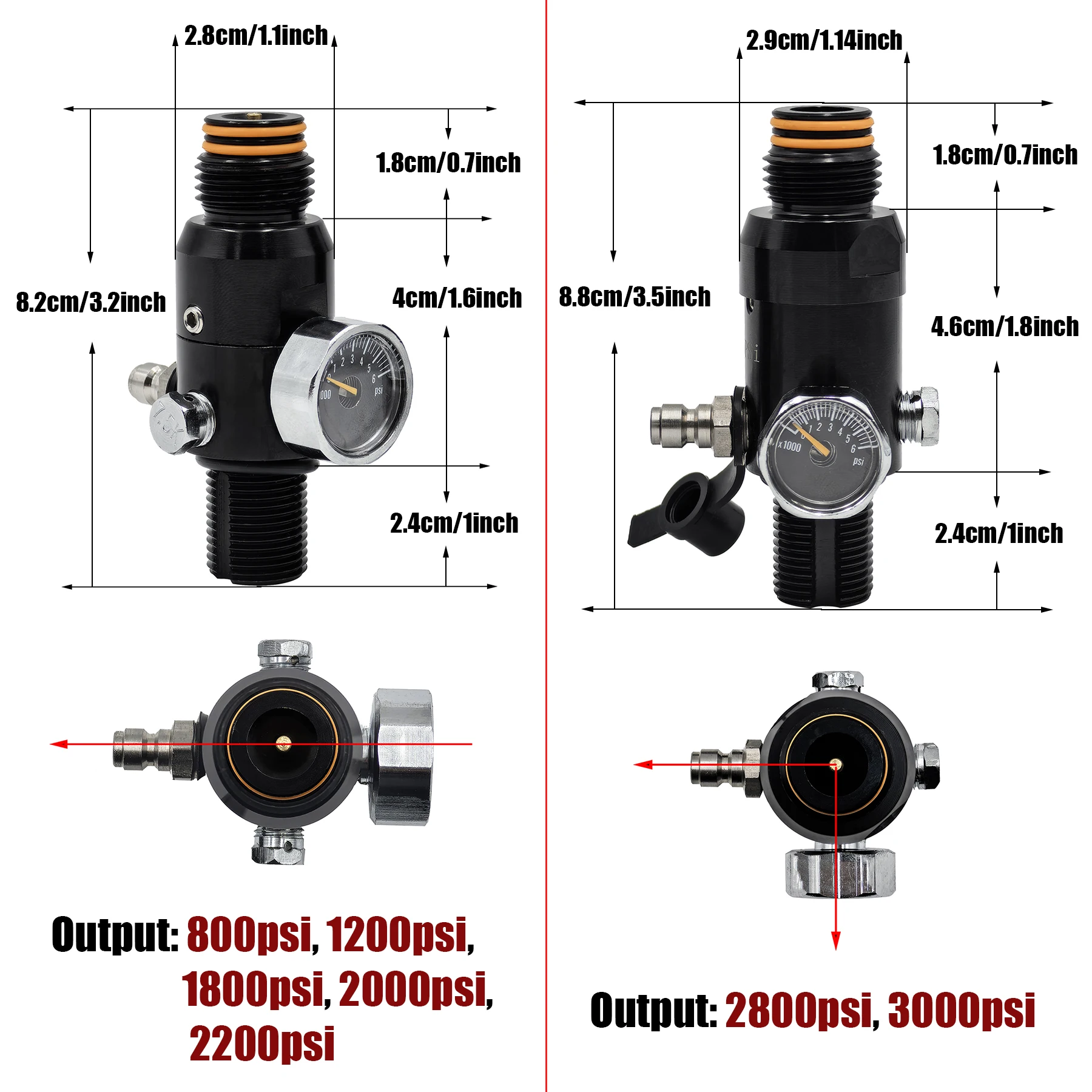 HPA 4500psi Gas Cylinder Air Tank Regulator Valve Threads Double O-Ring Output 800psi to 3000psi Diving Mountain Climbing