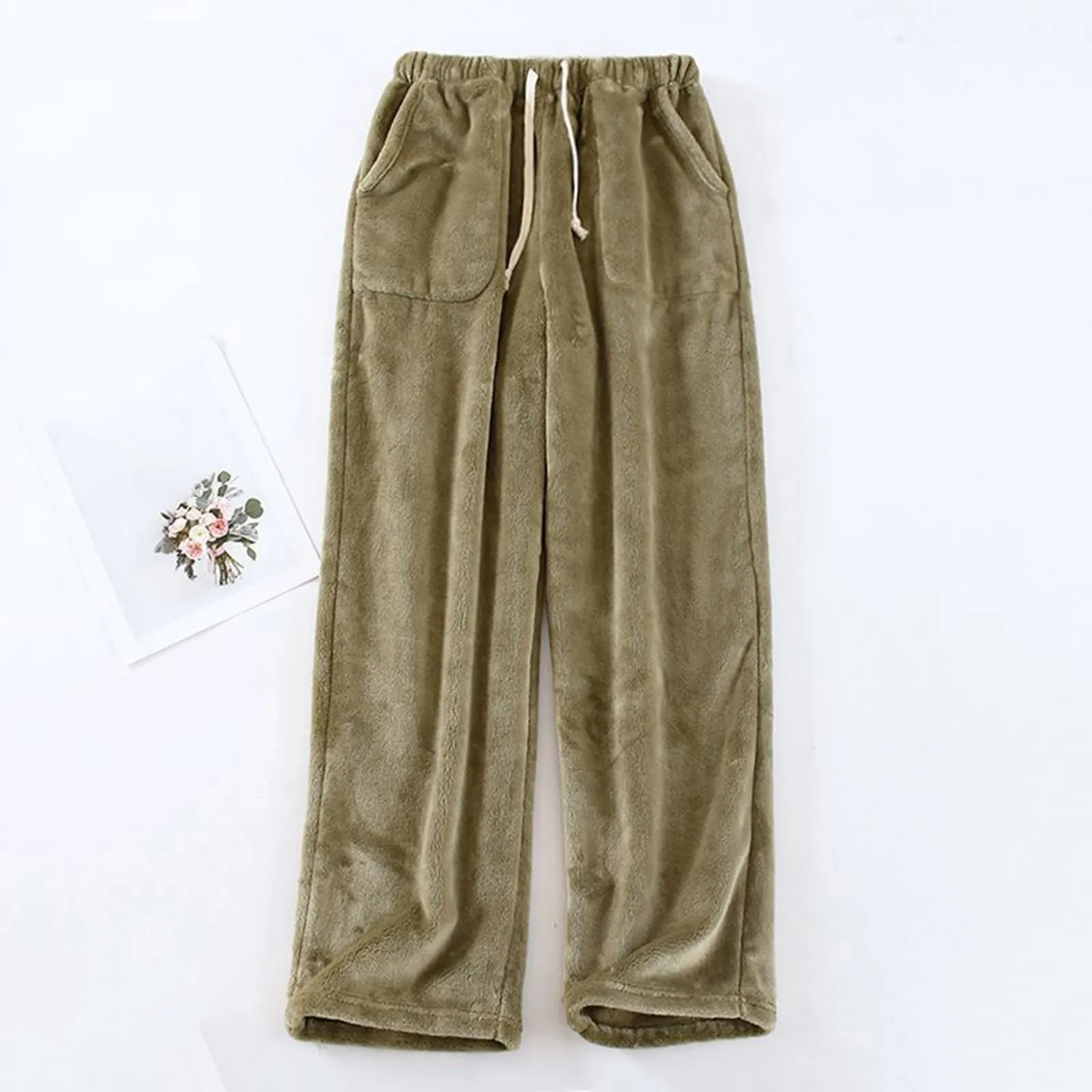 กางเกงนอนผ้าพลัฌสีพื้นเรียบง่าย เอวยางยืดนุ่มสบาย มีกระเป๋า กางเกงลำลองอเนกประสงค์สำหรับฤดูหนาว ให้ความอบอุ่น