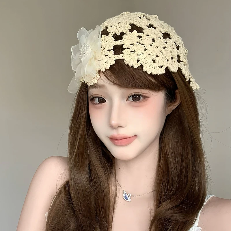 white-lace-knitted-hat-hollow-flower-weaving-thin-scarf-wrapped-head-cap-sweet-fairy-atmosphere-summer-season-women's-hat
