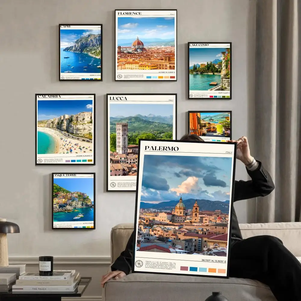 Arte Mural Adhesivo Impermeable con Caligrafía HD de Italia: Sicilia, Calabria, Lago Como, Florencia, Roma, Portofino |   Decoración Estética para el Hogar