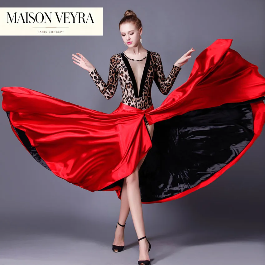 Falda de flamenco española roja con cierre de gancho para danza del vientre, talla grande para mujer, vestido de satén de seda para niñas gitanas, ropa de baile para actuaciones.