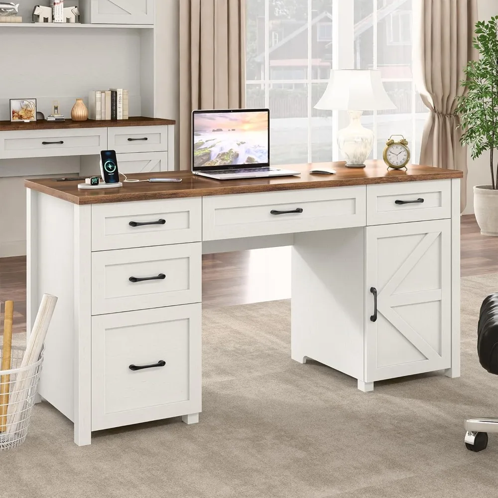 

Farmhouse 61" Executive Desk with 5 Drawers, Country Style Desk Computer Desk with Charging Station, Drawers and Storage