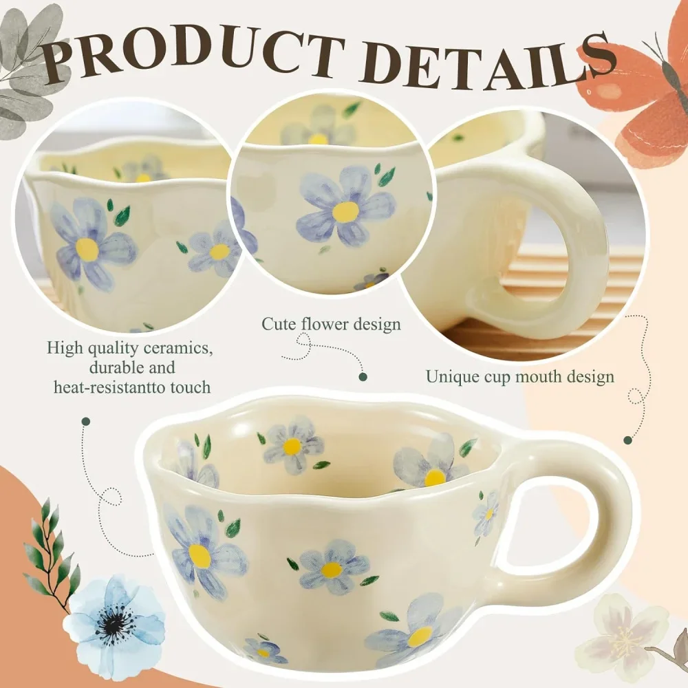 

Hand-Pinched Ceramic Coffee Mug, Korean Style Floral Milk Tea Cup, Artisan Breakfast Drinkware, Unique Irregular Design