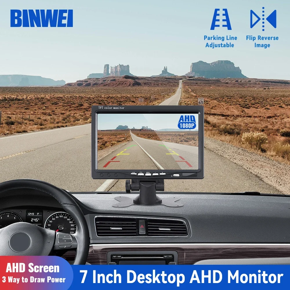 BINWEI 12/24V AHD 7 Car Monitor Screen for Rear View Camera Parking Reverse 1024*600 TFT LCD Display with 2 Way Video Input