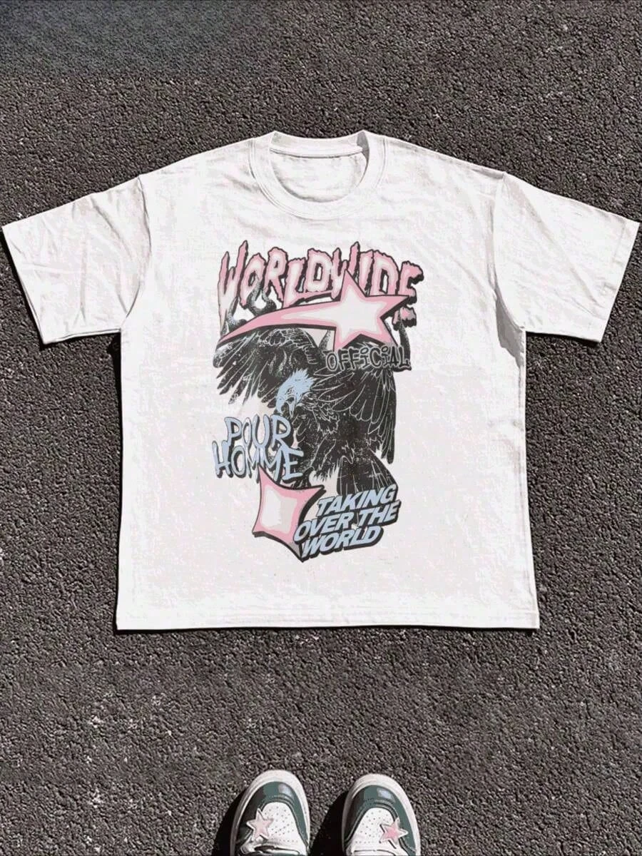 رجل الملابس زائد المتضخم في جميع أنحاء العالم النسر الجرافيك تي شيرت الجرافيك طباعة تي شيرت بلايز للجنسين تنفس harajuku القطن خمر