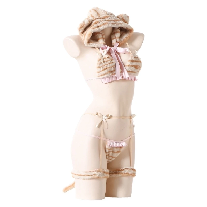T4MD Ropa interior felpa dibujos animados, conjunto lencería Anime para mujer, disfraz oso, conjunto sujetador