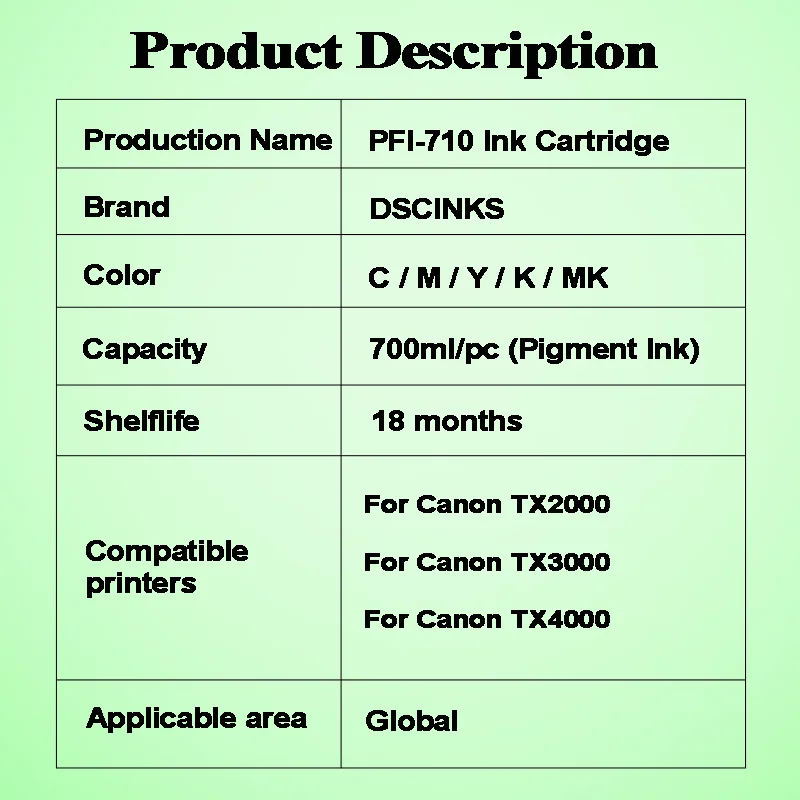 Imagem -02 - Cartucho de Tinta Compatível para Canon Tinta Pigmentada Pfi710 Pfi 710 Tx2000 Tx3000 Tx4000 700ml