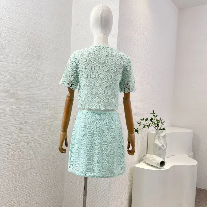 High Quality Women Two Piece Set 2024 Summer Mint Green Lace Suit Patchwork Floral Hollow Out Women Tops and Mini Skirt Set