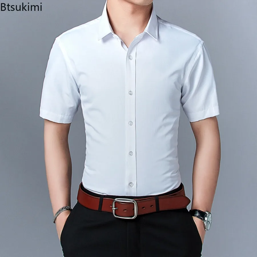 2024 Heren Zomer Casual Korte Mouwen Shirt Slim Fit Turn Kraag Shirts Formele Kantoor Business Shirts Voor Heren Tops Big Size