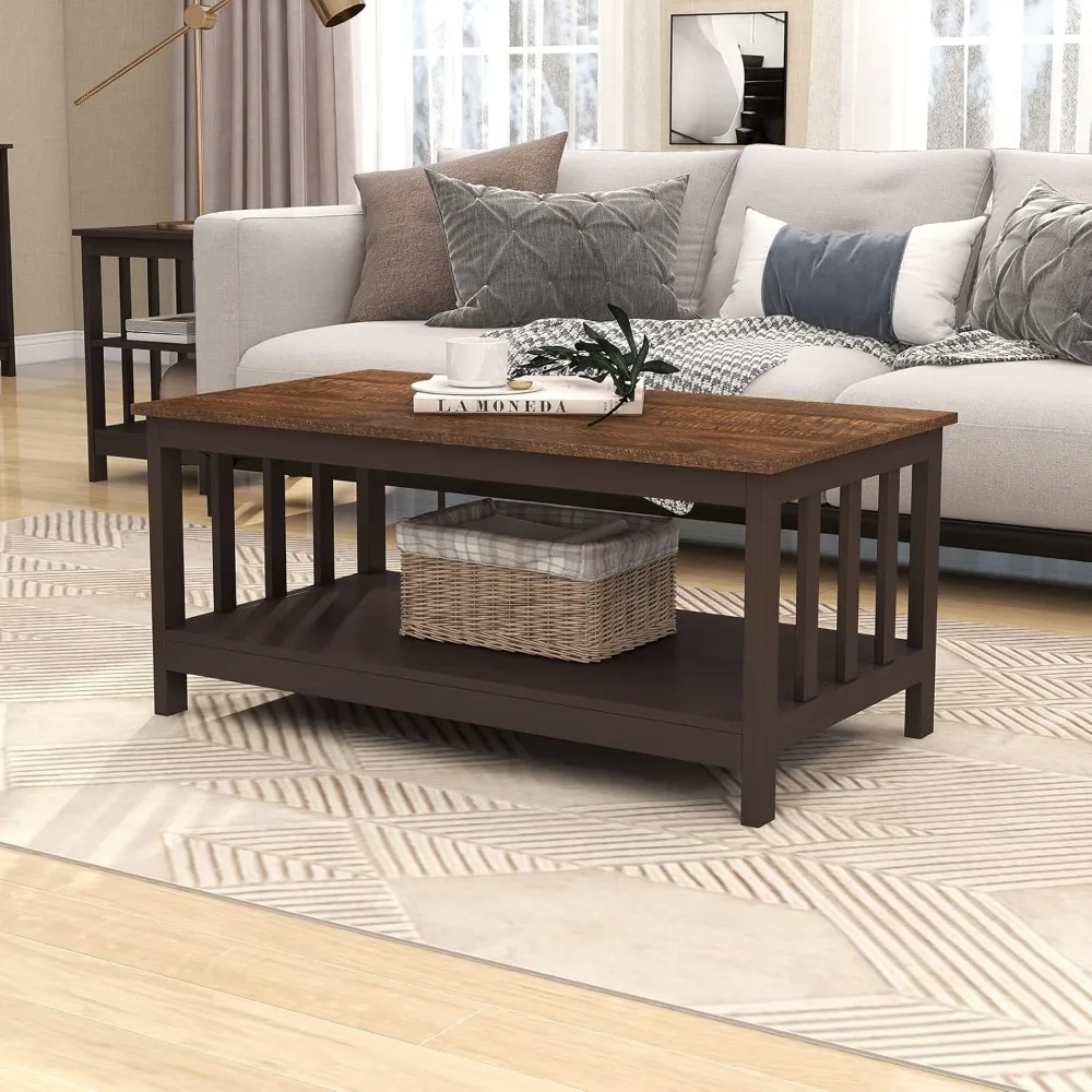 

Farmhouse Coffee Table, Espresso Living Room Table with Shelf, 40 Inch