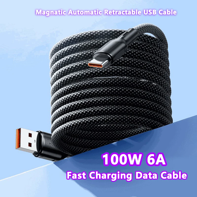 100W 6A Magnetic Suction USB A /USB C To Type C Fast Charge Data Cable Easy Storage For Samsung Xiaomi Phone Charge USB C Cord