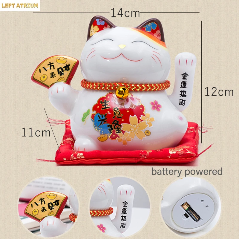 5 Inch Ceramic Fortune Cat Waving Hand Plutus Cat Battery Powered Maneki Neko Best Gift Home Decoration Lucky Cat