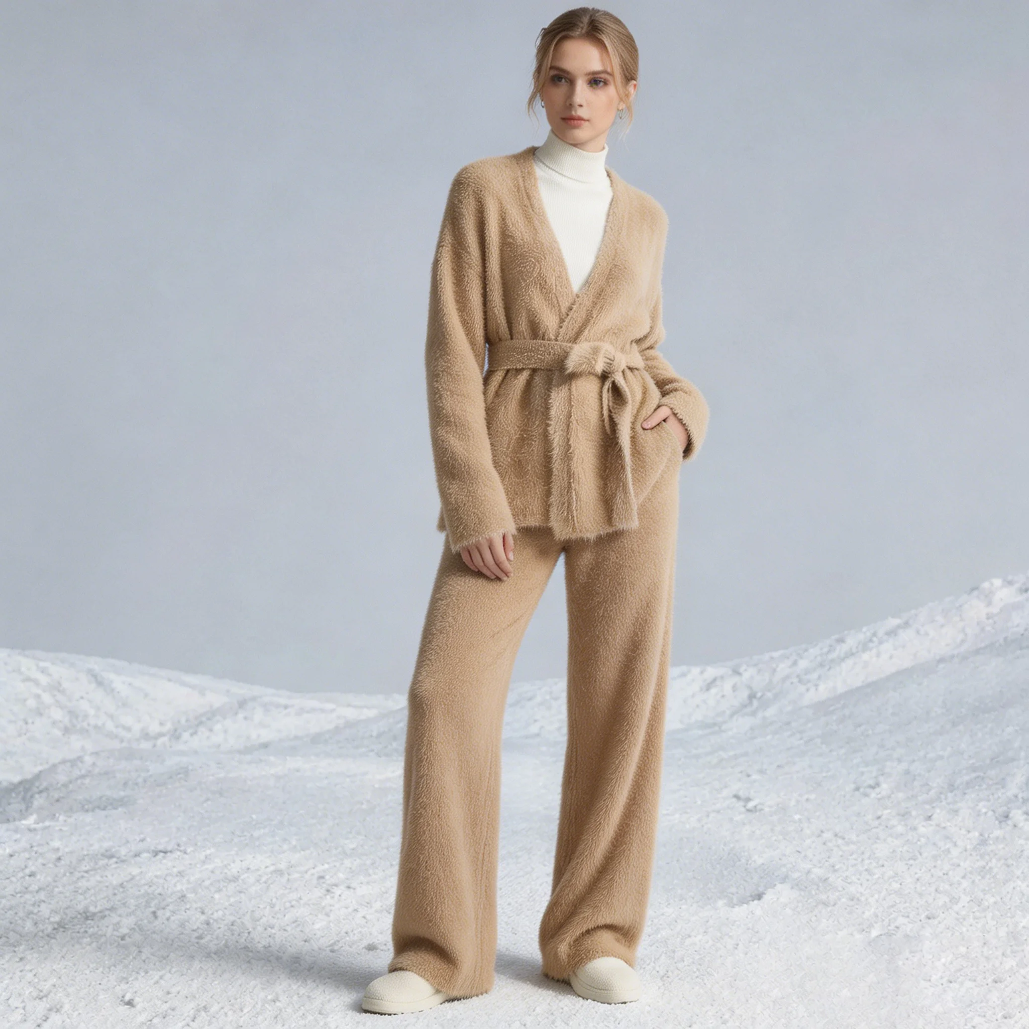 Fuzzy Wrap Belt Knit 2 Piece Set Women V Neck Sweater Wide Leg Pants Winter Loungewear Matching Outfit