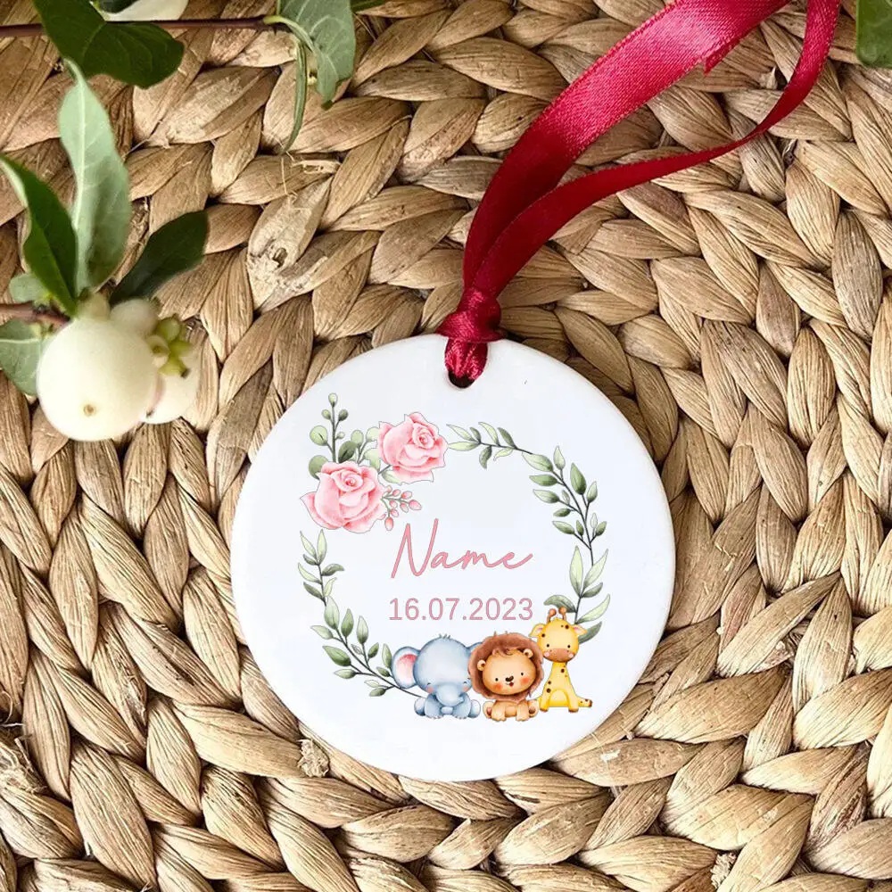 Personalized Baby Ornament Custom Safari Animals Wreath Photo Prop Newbron Photography Accessories Infant Birth Ceramic Ornament