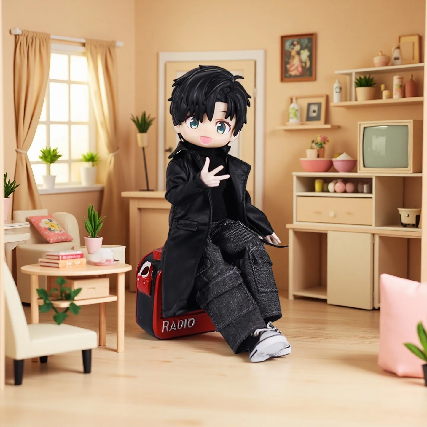 1/12 Scale BJD Doll Clothes Set Cool Street Style Black Fur Coat And Cowboy Cargo Pants with Belt Baby Doll Dress-Up Accessories