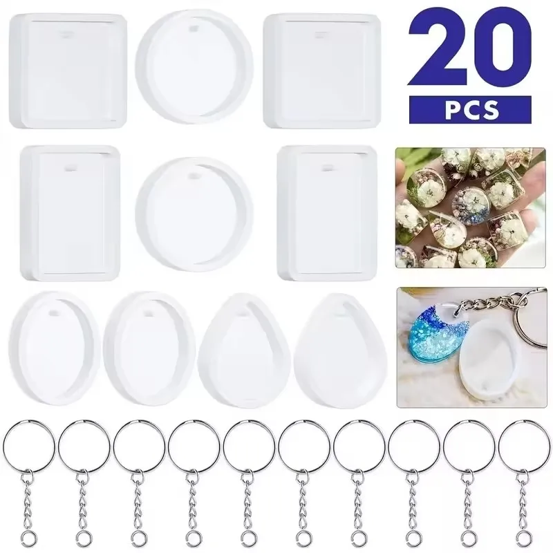 20個入りDIYキーホルダーペンダント用シリコンモールドキット。キーリング、アートクラフト製作ツール、クリスタルエポキシ樹脂モールド付き。 1
