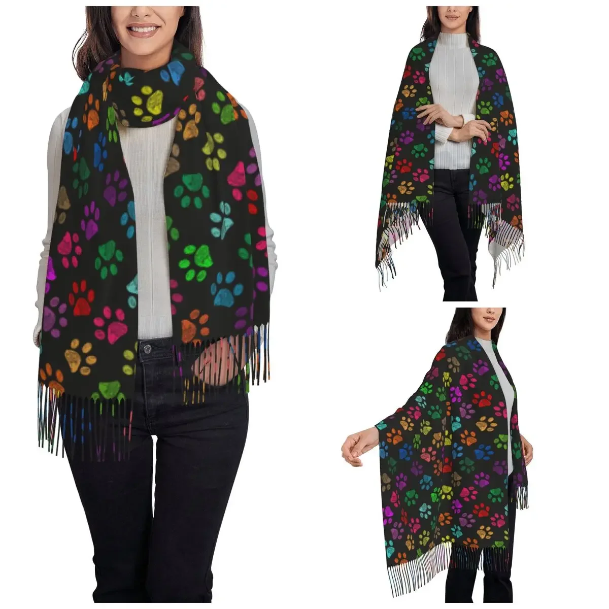 Colorful Paw Foot Print Scarf for Women Winter Fall Shawl Wrap Dog Cat Long Shawl Scarf for Ladies