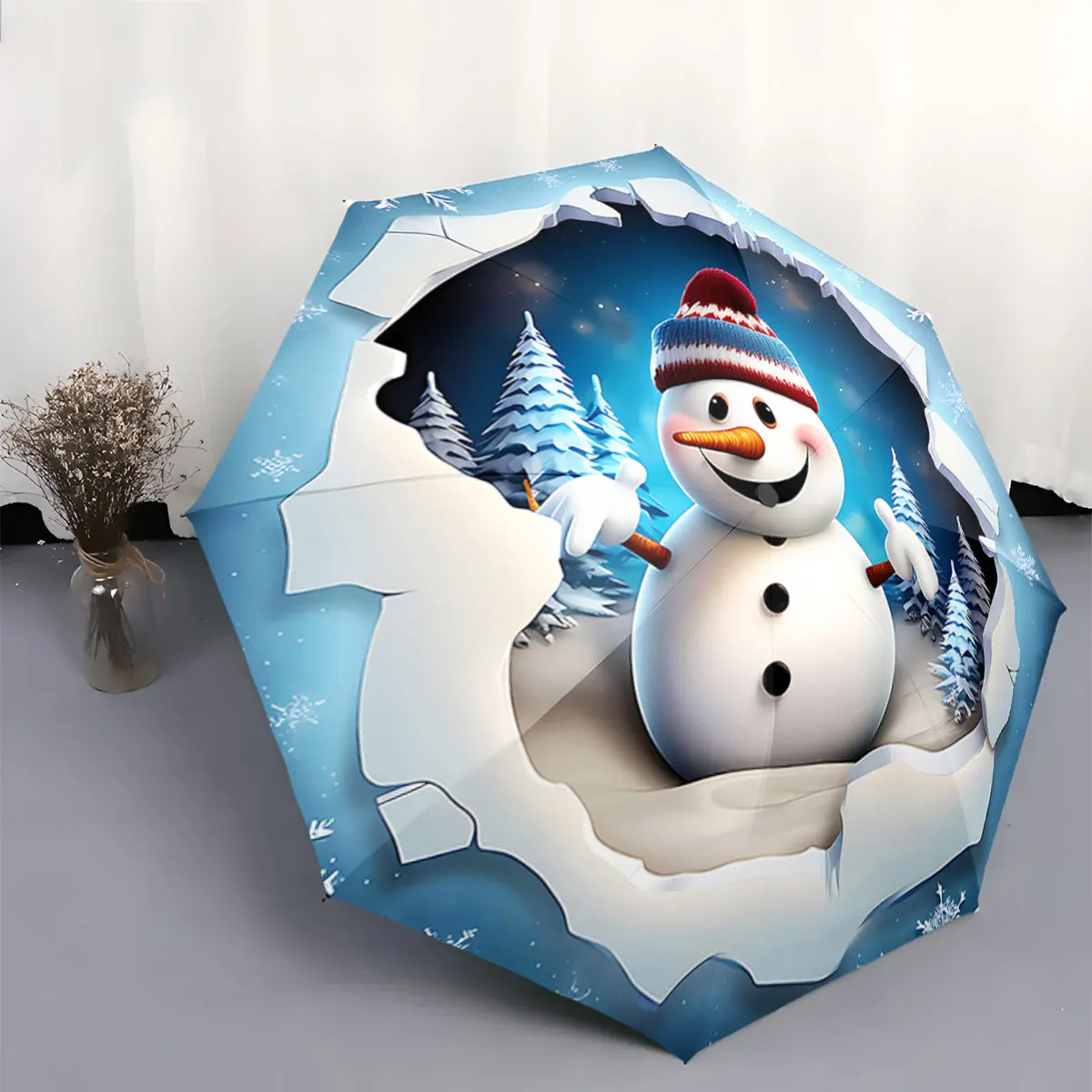 Cute Smiling Snowman with Winter Forest Background Design portable waterproof sun rain umbrella for outdoor travel beach