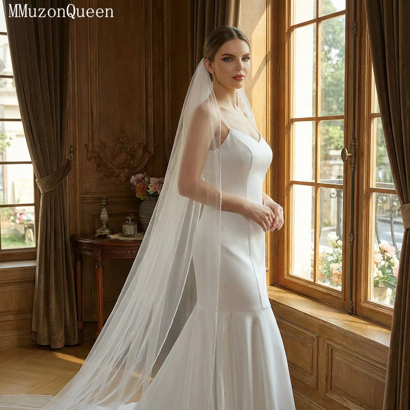 

TOPQUEEN V34 простая свадебная фата из тюля, белая фата с краями из бисера, женская фата для свадебной вечеринки, настраиваемая