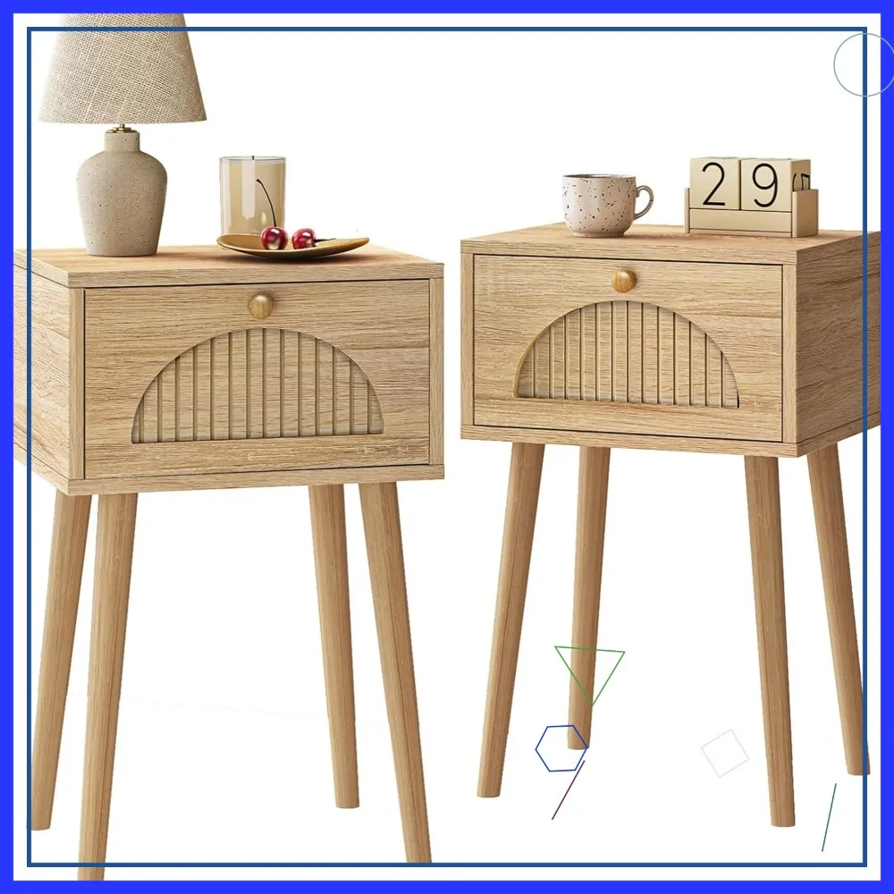 

Modern Nightstands Set of 2 with Fluted Door, Solid Wood Feet for Bedroom Small Space, Mid-Century Bedside Table in Natural Oak
