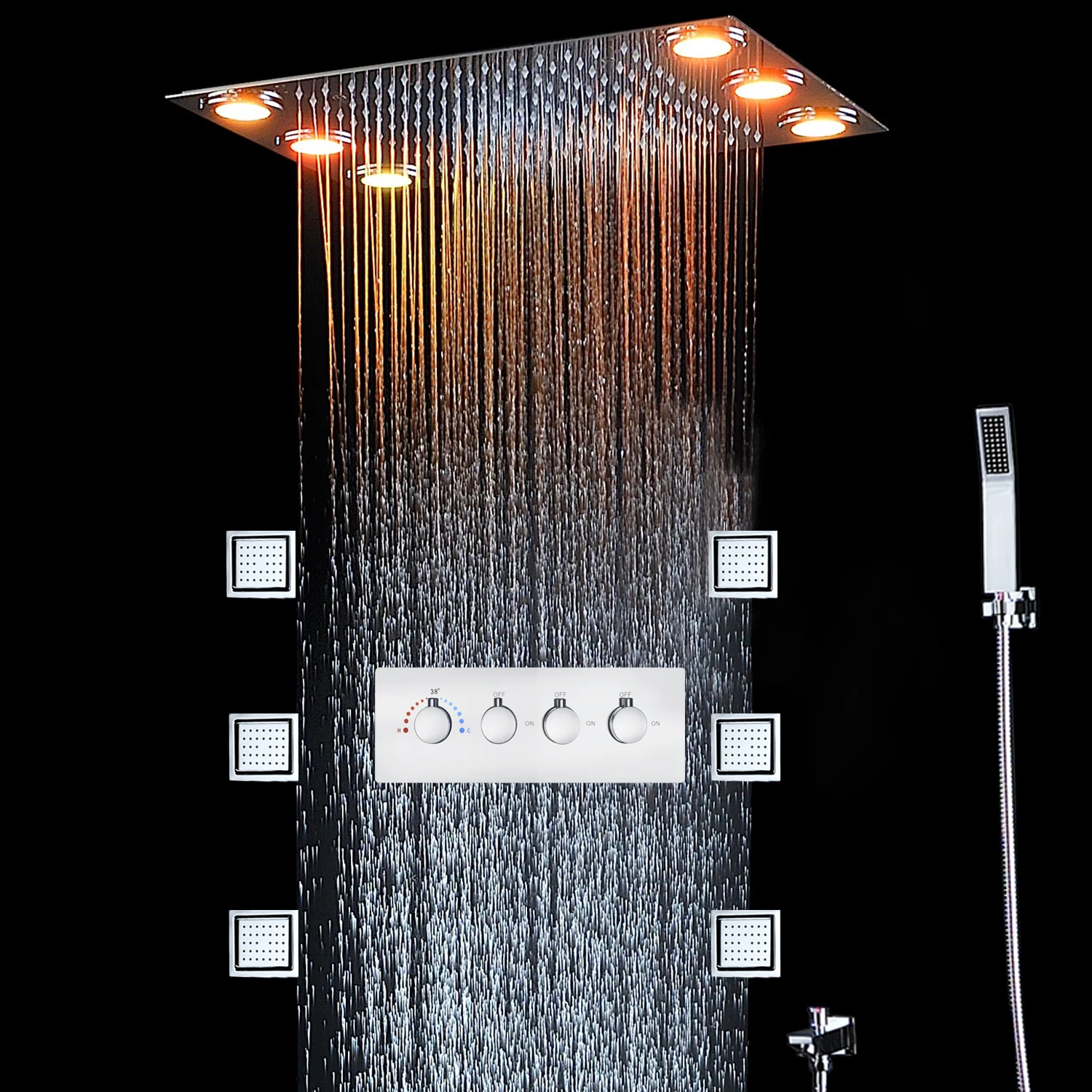 

Thermostatic High Flow Shower Faucets Set Ceiling Rainfall LED Bathroom System Massage Body Jets System