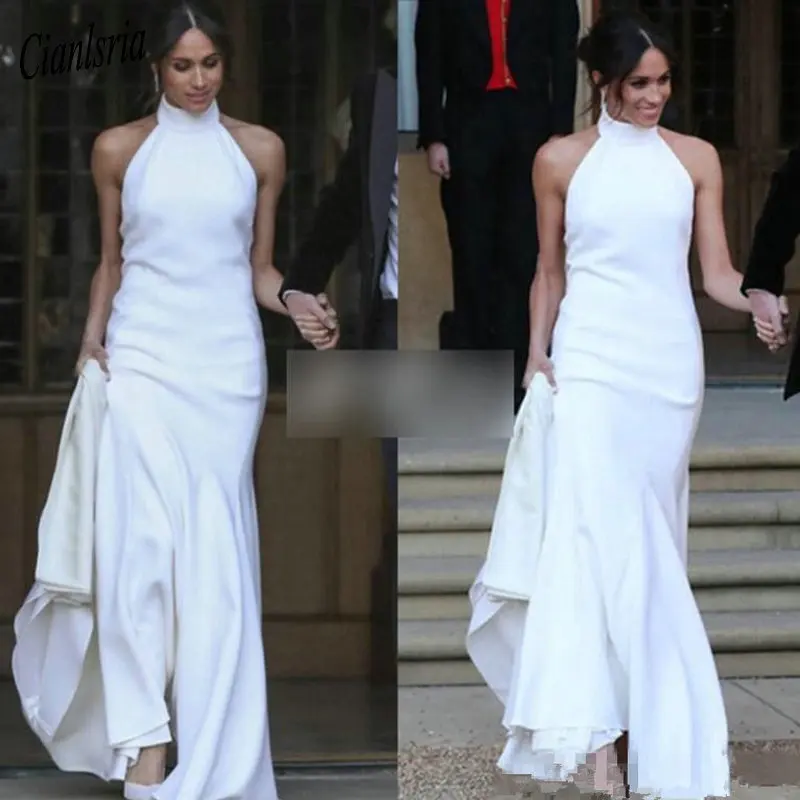 

Elegant White Mermaid Wedding 2025 Prince Harry Meghan Markle Wedding Party Gowns Halter Soft Satin Recept Celebrity Dresses