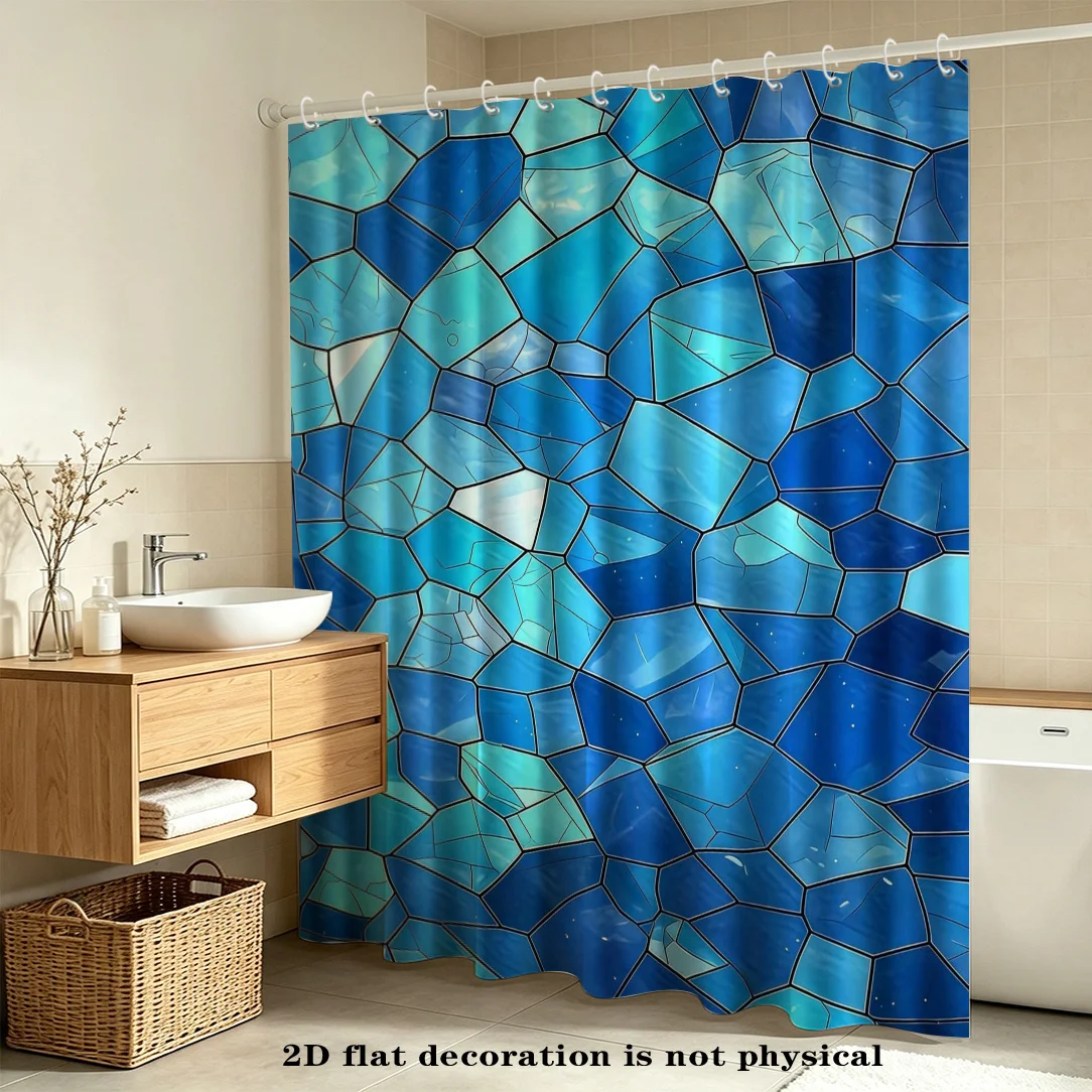 2D Flat, 2D Flat Shower Curtain, 1pc, Blue Glass Pattern Printed Shower Curtain, Decorative Bathroom Curtain, Easy-to-Hang Bathr