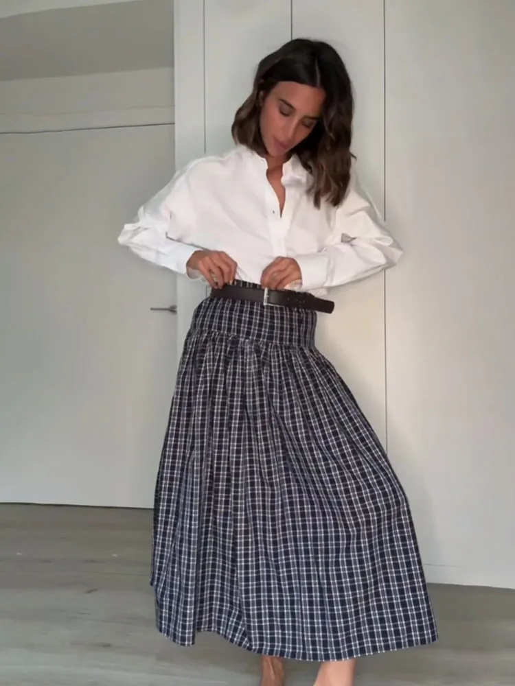 HH Damenmode, karierter Gürtel, Dekoration, lässig, Reißverschluss, langer Rock, hohe Taille, schick, lockerer Faltenrock, Damen-Street-Style-Rock