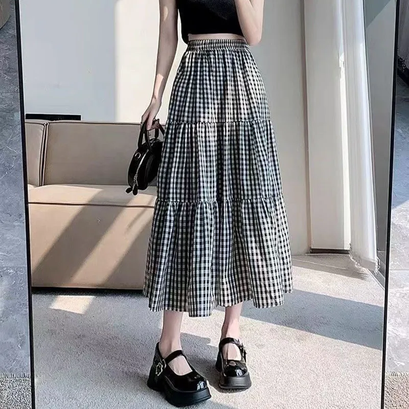 Summer Black White Plaid Skirts Women Korean Temperament Fashion Long Skirt Ladies Casual High Waist Fold Student A-Line Skirts image 5