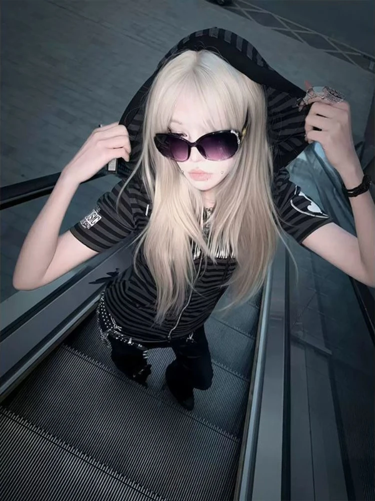 Subculture Y2k Gothic Short Sleeve Striped Hooded Tops Aesthetic Vintage Summer New Hepburn Zipper Slim Spicy Girls T-shirts