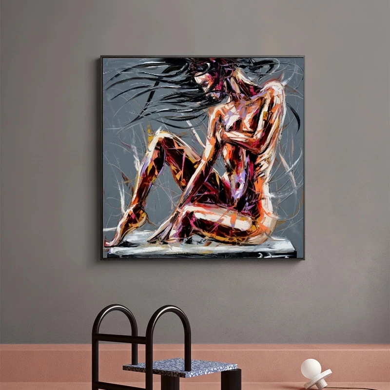 100% Hand-painted Dynamic Lady Sketch Room Decor Palette Knife Oil Paintings on Canvas Graffiti Nude Character Sofa Wall Decor