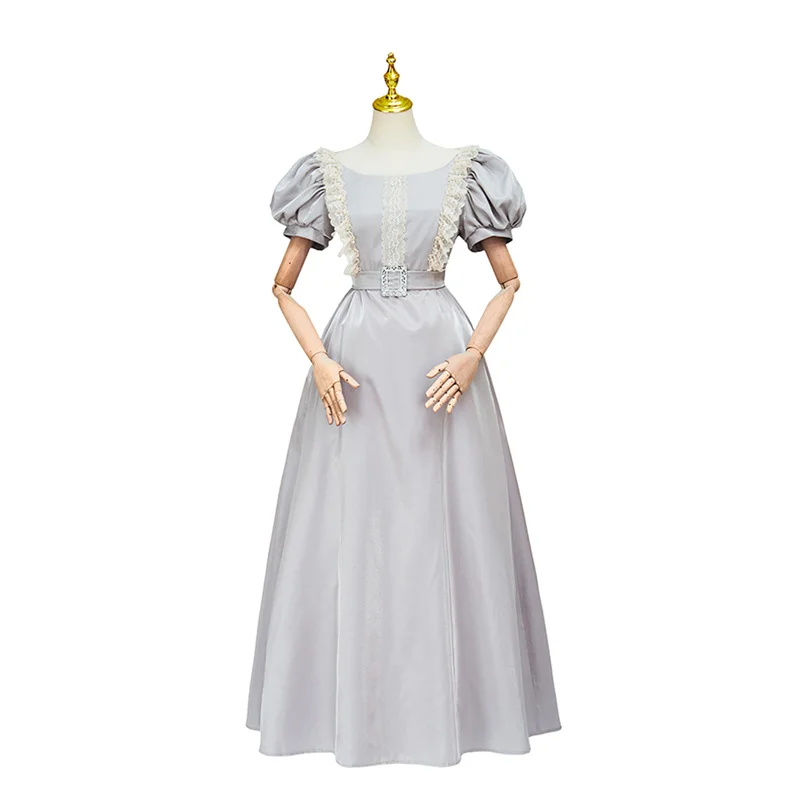 

Women Renaissance Medieval Victorian Dress Long Sleeves Silver Vintage Cosplay Costume Queen Dress