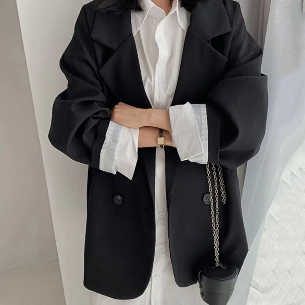 Notched Collar Business Blazer Suit Coat Korean Long Sleeves Pockets Double-breasted Oversized Women Blazer Jackets Suit Coat