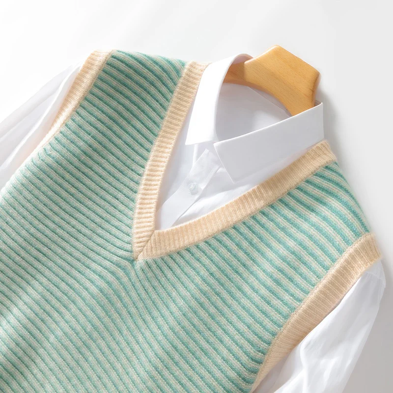 Autumn And Winter 100% Pure Wool Men's V-neck Vest Striped Sweater Business Casual Wool Knitted Bottoming Shirt