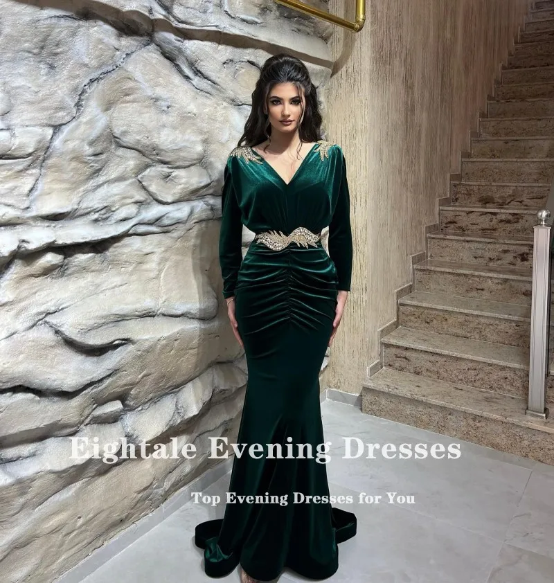 Eighttale-vestido de terciopelo de noche para fiesta de boda, manga larga con cuello en V, verde, cuentas doradas, Dubai, elegante, árabe, vestidos sirenas para graduación