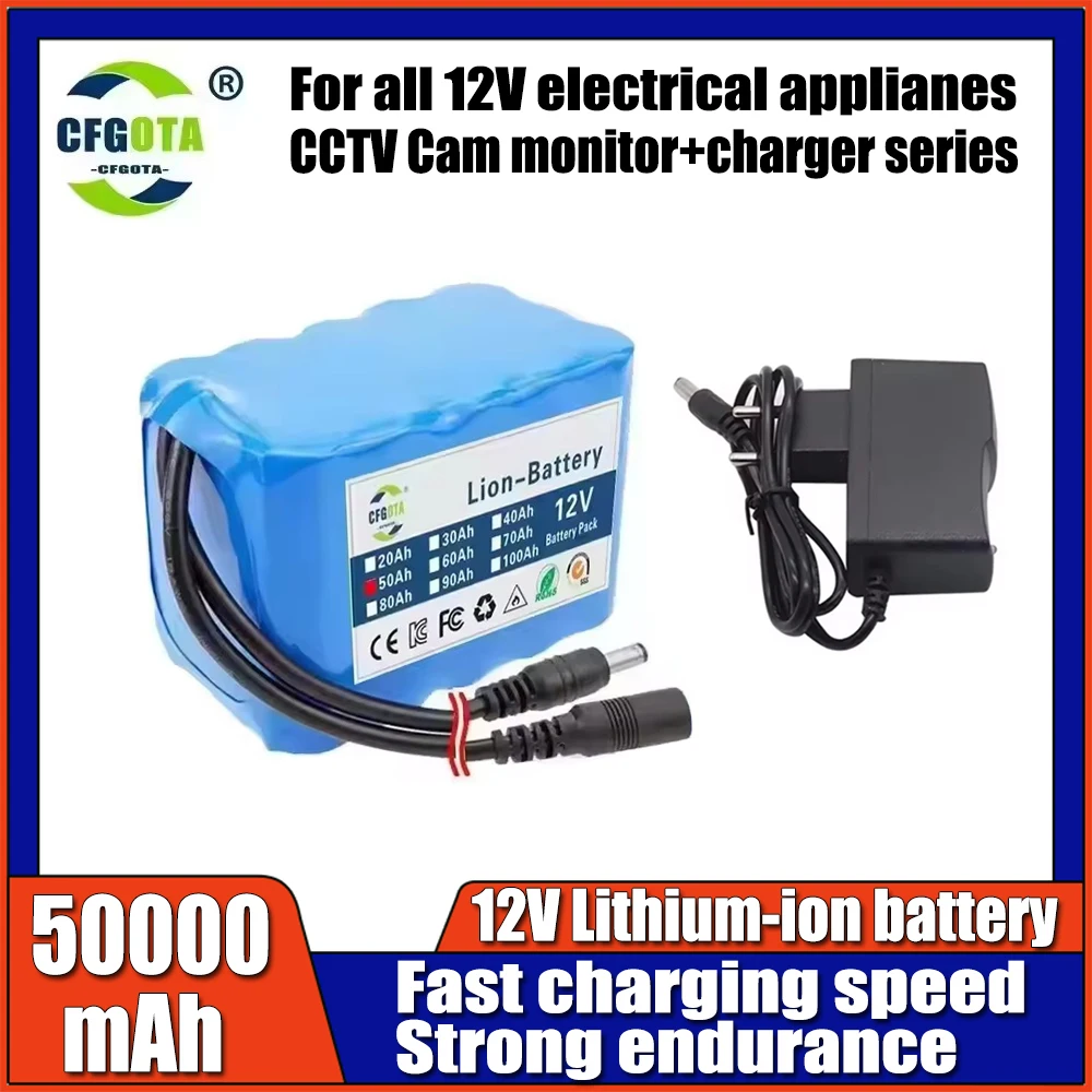 3S2P-3S5P 12V 50Ah 18650 Lithium ion Rechargeable Battery with BMS Lithium Battery Pack Protection Board+Charger