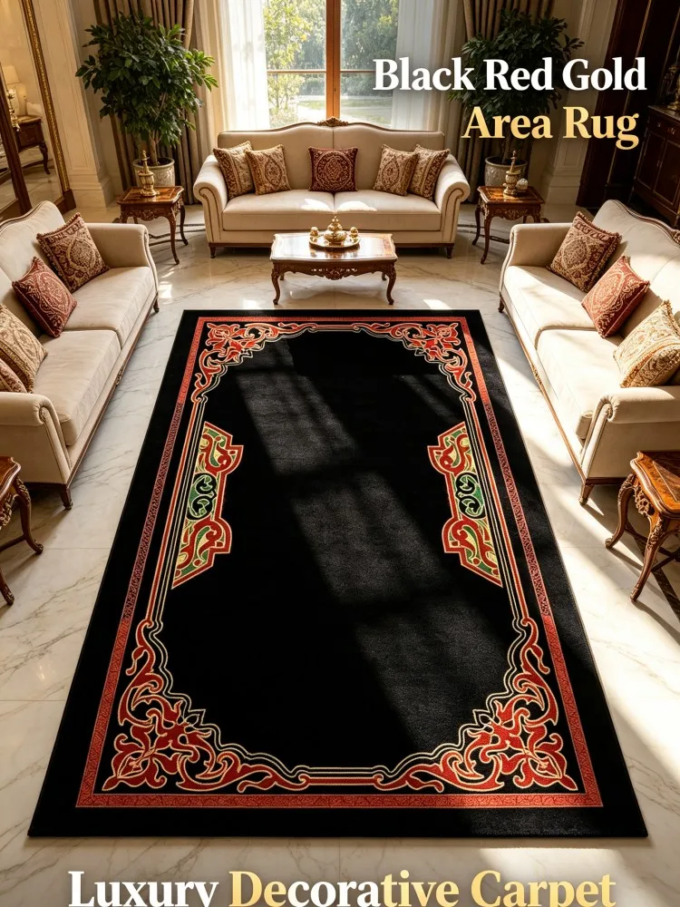Luxury Middle Eastern Style Area Rug Black Base Red Gold Ornate Border Pattern Non‑Slip Large Floor Carpet for Villa Living Room