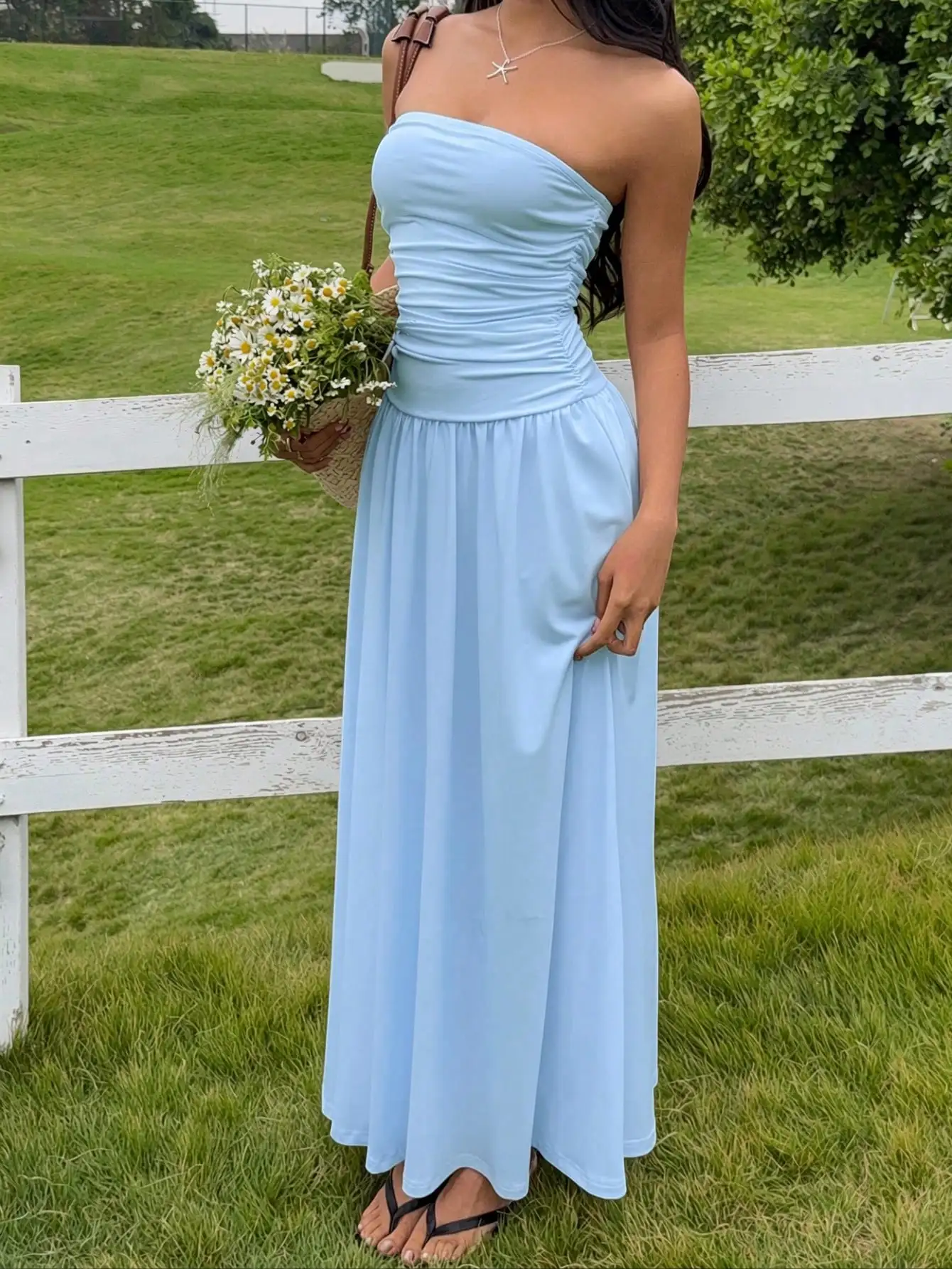 

Light Blue Strapless Maxi Dress For Women Summer Casual Beach Elegant Long Dress