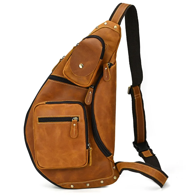 

Retro men's Crazy Horse leather breast bag large capacity handmade leather messenger bag first layer cowhide shoulder bag
