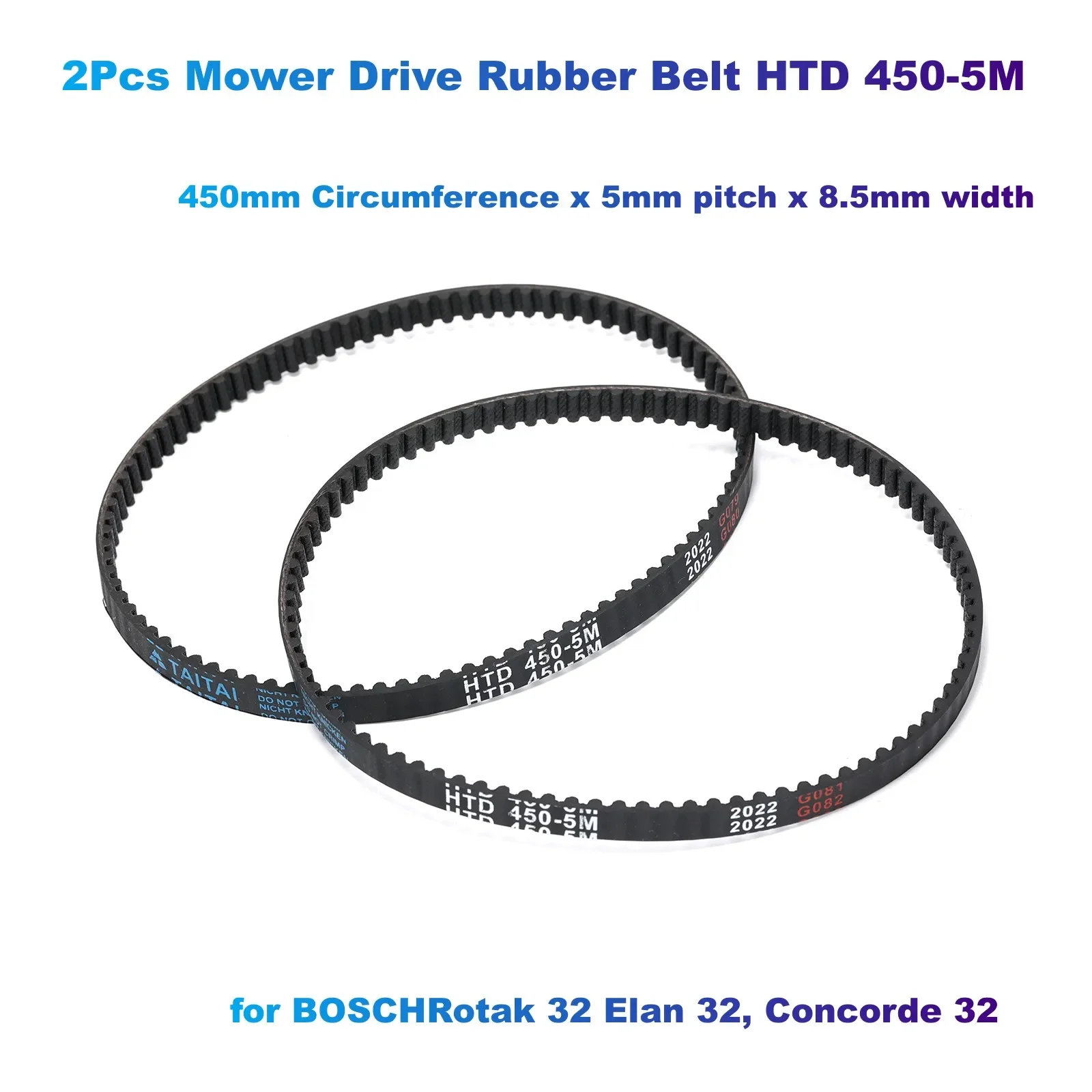 2Pcs Mower Drive Rubber Belt HTD 450-5M(450mm Circumference,  pitch 5mm, width 8.5mm) for BOSCHRotak 32 Elan 32, Concorde 32