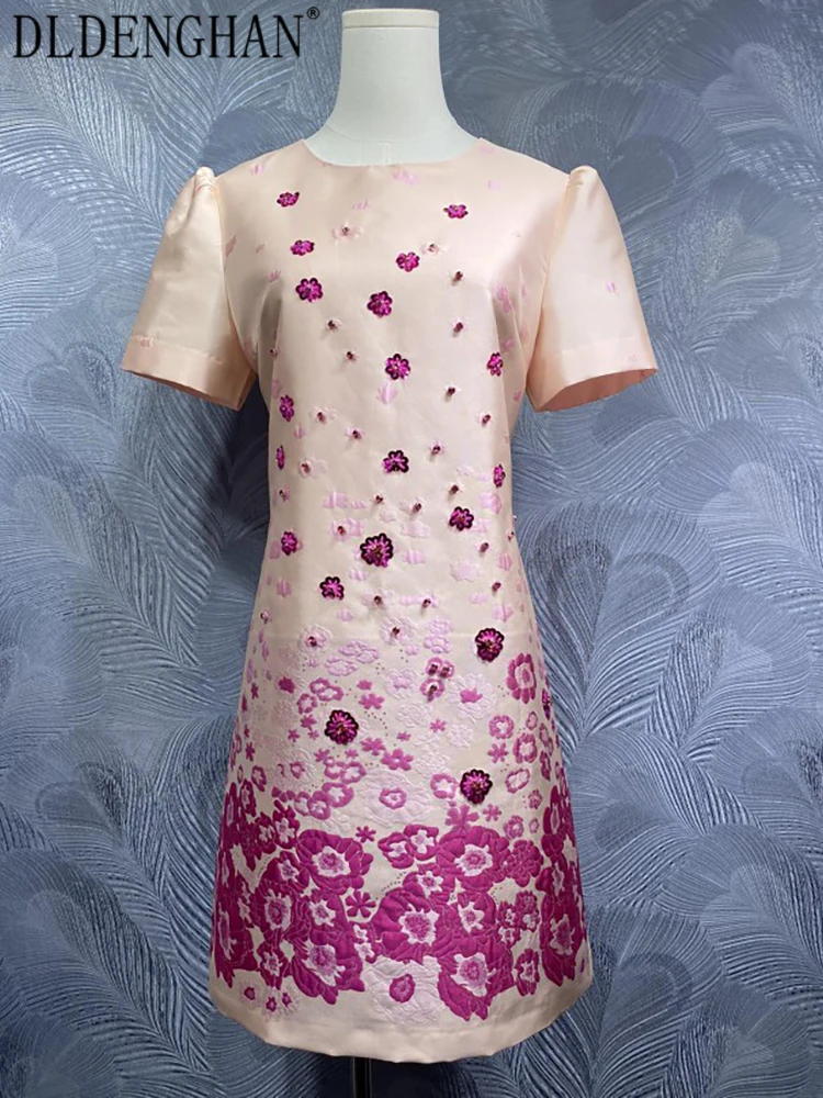 

DLDENGHAN Diamonds Beading Dress For Women O-Neck Short Sleeve Vintage Jacquard Mini Dresses Summer Fashion Female