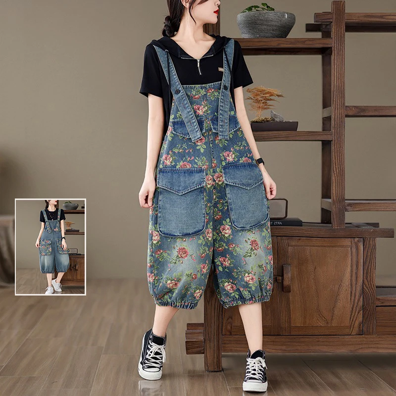 

Винтажные джинсовые комбинезоны Waed с цветочным принтом, свободные брюки «пять четвертей», женские джинсы больших размеров с kets для поездок на работу, сарафан...