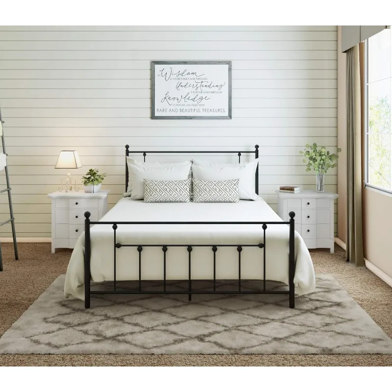 

Queen Size Black Iron Bed Frame with Headboard Footboard Wrought Rod Art Heavy Duty Steel Metal Platform Foundation Farmhouse