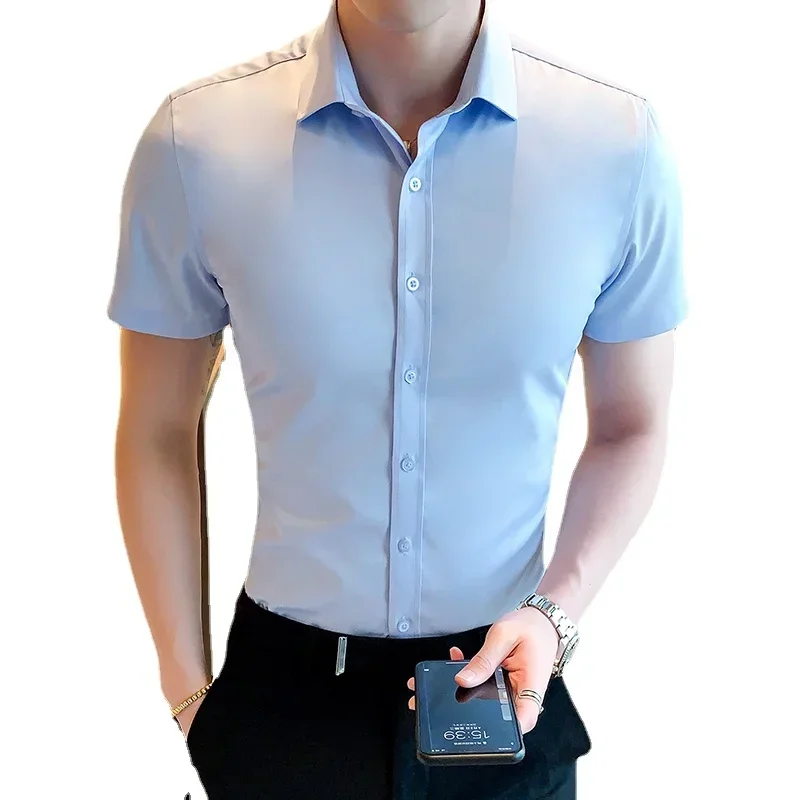 

Summer men's short-sleeved shirt Korean version of business casual shirt Male slim handsome fashion solid color shirt tops