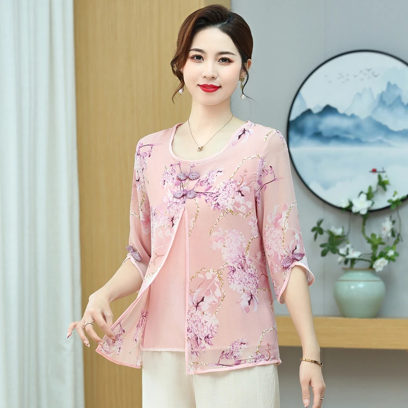 

Женская блузка с принтом и средним рукавом, универсальный шифоновый топ с эффектом двухслойности для весенне-летнего сезона